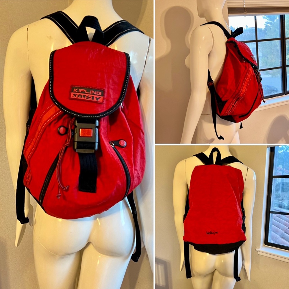 KIPLING-Large SAFETY Backpack w/Reflector Clasp-Packable-Red & Black